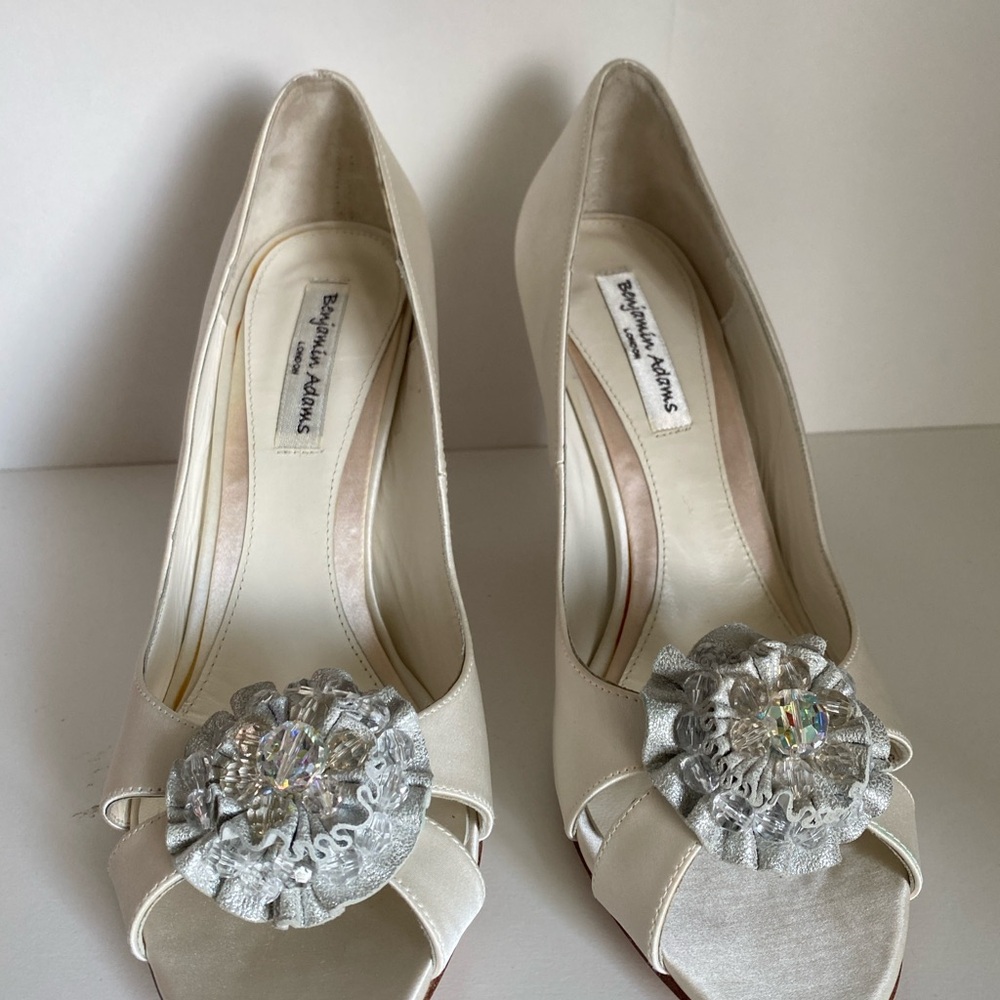 Silver and White Satin Heels with Crystal Brooch